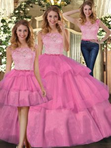Popular Hot Pink Scoop Neckline Lace Sweet 16 Quinceanera Dress Sleeveless Zipper