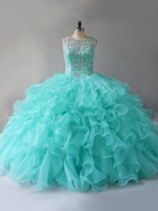 Comfortable Aqua Blue Ball Gowns Scoop Sleeveless Organza Floor Length Lace Up Beading and Ruffles Sweet 16 Quinceanera Dress