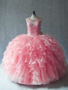 Nice Pink Organza Lace Up Scoop Sleeveless Ball Gown Prom Dress Beading and Ruffles