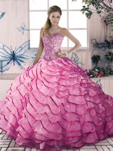 New Arrival Sleeveless Organza and Tulle Floor Length Lace Up Vestidos de Quinceanera in Pink with Beading and Ruffles