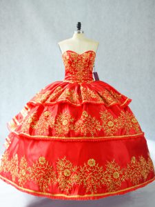 Beautiful Floor Length Lace Up 15th Birthday Dress Red for Sweet 16 and Quinceanera with Embroidery and Ruffled Layers