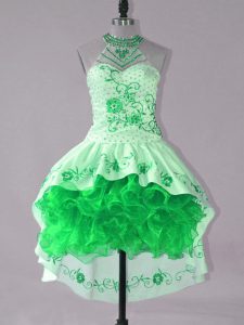 Green Satin and Organza Lace Up Halter Top Sleeveless High Low Prom Dress Embroidery and Ruffles