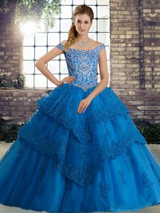 Flare Off The Shoulder Sleeveless 15th Birthday Dress Brush Train Beading and Lace Blue Tulle