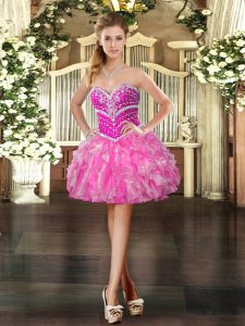 Hot Pink Prom and Party with Beading and Ruffles Sweetheart Sleeveless Lace Up