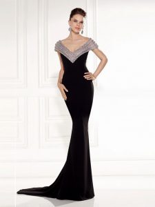 Black Prom Dresses Chiffon Brush Train Sleeveless Beading