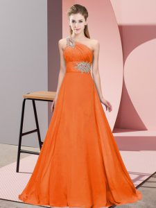 Dazzling Orange Red One Shoulder Neckline Beading and Ruching Prom Dresses Sleeveless Lace Up