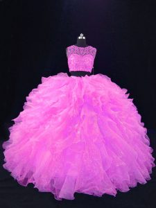 Pink Zipper Scoop Beading and Ruffles Sweet 16 Dresses Organza Sleeveless