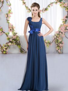 Navy Blue Sleeveless Belt and Hand Made Flower Floor Length Quinceanera Dama Dress