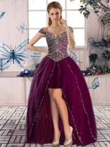 Sleeveless High Low Beading Lace Up Prom Dresses with Burgundy