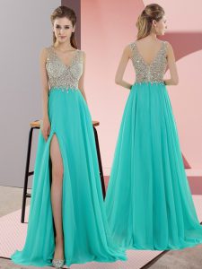 Wonderful Beading Prom Dress Turquoise Zipper Sleeveless Sweep Train