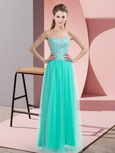 Fabulous Turquoise Tulle Lace Up Prom Evening Gown Sleeveless Floor Length Beading