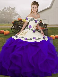 Comfortable Floor Length White And Purple Quince Ball Gowns Off The Shoulder Sleeveless Lace Up
