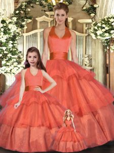 Dynamic Orange Red Lace Up Quinceanera Dress Ruffled Layers Sleeveless Floor Length