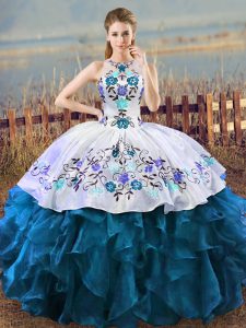 Fashionable Blue And White Organza Lace Up Sweet 16 Dress Sleeveless Floor Length Embroidery
