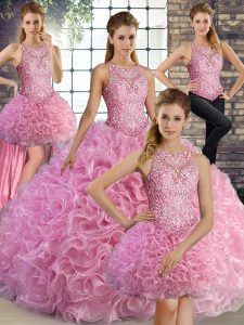 Romantic Rose Pink Quince Ball Gowns Military Ball and Sweet 16 and Quinceanera with Beading Scoop Sleeveless Lace Up