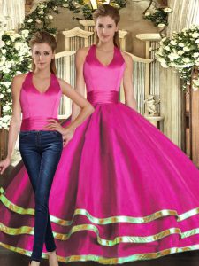 Beauteous Strapless Sleeveless Quinceanera Gowns Floor Length Ruffled Layers Fuchsia Tulle