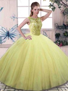 Chic Sleeveless Tulle Floor Length Lace Up Sweet 16 Dress in Yellow Green with Beading