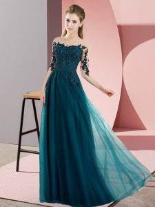 Peacock Green Empire Chiffon Bateau Half Sleeves Beading and Lace Floor Length Lace Up Damas Dress