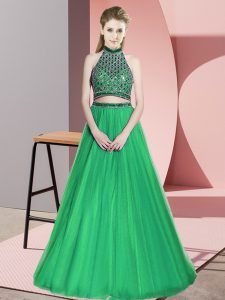 Free and Easy Floor Length Three Pieces Sleeveless Green Dress for Prom Lace Up