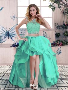 Turquoise Two Pieces Beading and Lace and Ruffles Zipper Tulle Sleeveless High Low