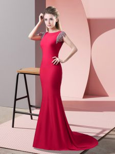 Deluxe Coral Red Elastic Woven Satin Backless Prom Dresses Short Sleeves Brush Train Beading