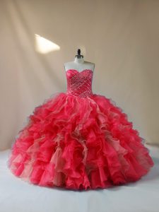 Sexy Sleeveless Lace Up Floor Length Beading and Ruffles Ball Gown Prom Dress