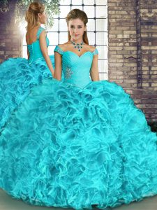 Sophisticated Sleeveless Organza Floor Length Lace Up Quinceanera Dresses in Aqua Blue with Beading and Ruffles