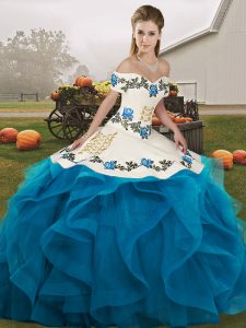 Blue And White Ball Gowns Tulle Off The Shoulder Sleeveless Embroidery and Ruffles Floor Length Lace Up Sweet 16 Quinceanera Dress