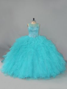 Sleeveless Tulle Floor Length Lace Up Sweet 16 Quinceanera Dress in Aqua Blue with Beading and Ruffles