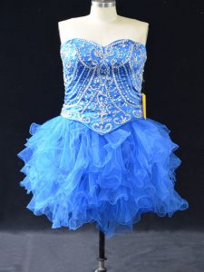Fashionable Blue Sleeveless Mini Length Beading and Ruffles Lace Up Prom Dress