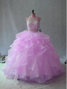 Excellent Lilac Halter Top Neckline Beading and Ruffles Ball Gown Prom Dress Sleeveless Backless
