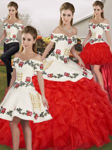 Organza Off The Shoulder Sleeveless Lace Up Embroidery and Ruffles Quinceanera Dress in White And Red