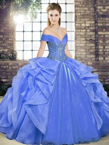 Blue Lace Up Quinceanera Dresses Beading and Ruffles Sleeveless Floor Length