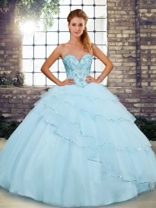Tulle Sweetheart Sleeveless Brush Train Lace Up Beading and Ruffled Layers Quinceanera Gown in Light Blue