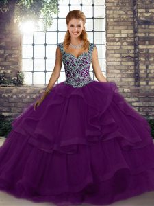 Stylish Straps Sleeveless Lace Up Quince Ball Gowns Purple Tulle