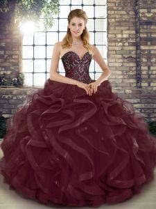Spectacular Beading and Ruffles Sweet 16 Dresses Burgundy Lace Up Sleeveless Floor Length