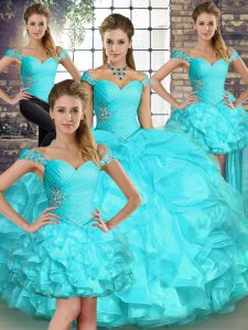 Aqua Blue Lace Up Off The Shoulder Beading and Ruffles 15 Quinceanera Dress Organza Sleeveless