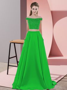 Beading Prom Evening Gown Green Backless Sleeveless Sweep Train