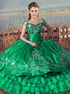 Amazing Floor Length Green Quinceanera Gowns Off The Shoulder Sleeveless Lace Up