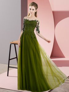 Simple Olive Green Chiffon Lace Up Bateau Half Sleeves Floor Length Quinceanera Court Dresses Beading and Lace