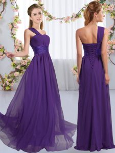 Modest One Shoulder Sleeveless Chiffon Dama Dress for Quinceanera Ruching Lace Up