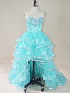 Aqua Blue Sweetheart Neckline Beading and Lace and Ruffled Layers Formal Dresses Sleeveless Lace Up