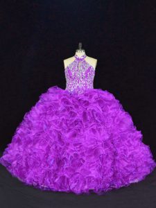 Fantastic Purple Ball Gowns Organza Halter Top Sleeveless Beading and Ruffles Floor Length Lace Up Quinceanera Dress