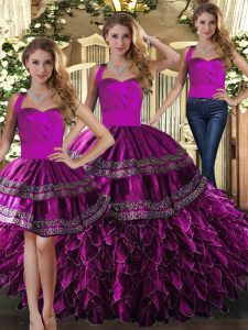 Sumptuous Halter Top Sleeveless Ball Gown Prom Dress Floor Length Embroidery and Ruffles Fuchsia Organza