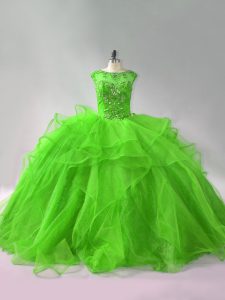 Scoop Sleeveless Brush Train Lace Up Quinceanera Gowns Organza