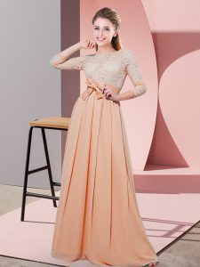 Inexpensive Peach Empire Chiffon Scoop 3 4 Length Sleeve Lace and Belt Floor Length Side Zipper Dama Dress