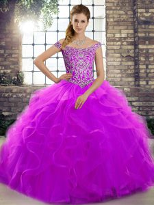 Sleeveless Tulle Brush Train Lace Up 15 Quinceanera Dress in Purple with Beading and Ruffles