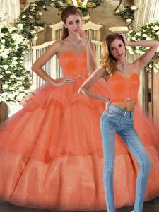 Sweet Floor Length Orange Quinceanera Dress Organza Sleeveless Ruffled Layers