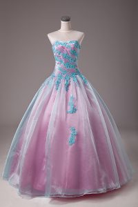 Sleeveless Organza Floor Length Lace Up Ball Gown Prom Dress in Light Blue with Appliques