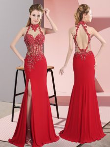Pretty Lace and Appliques Prom Evening Gown Red Backless Sleeveless Floor Length